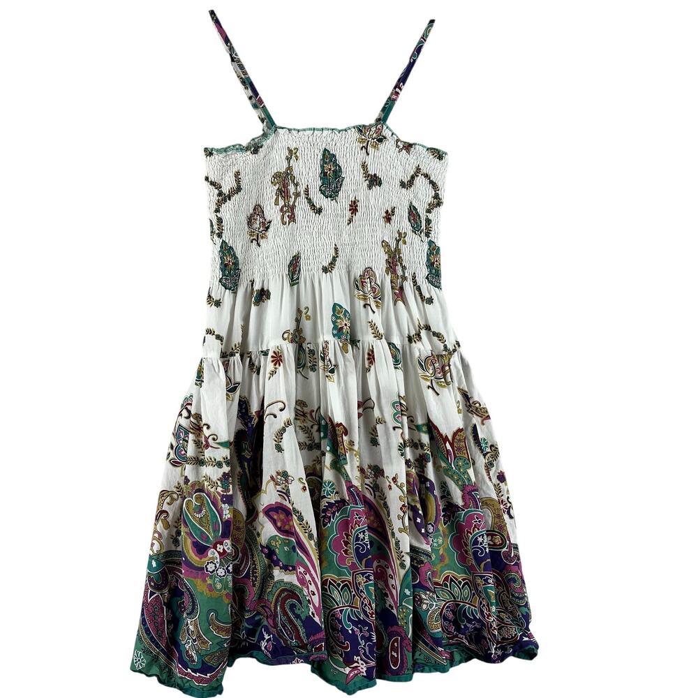 Magic Womens Smocked Sundress XL White Paisley Floral Boho Tiered Lined Cotton